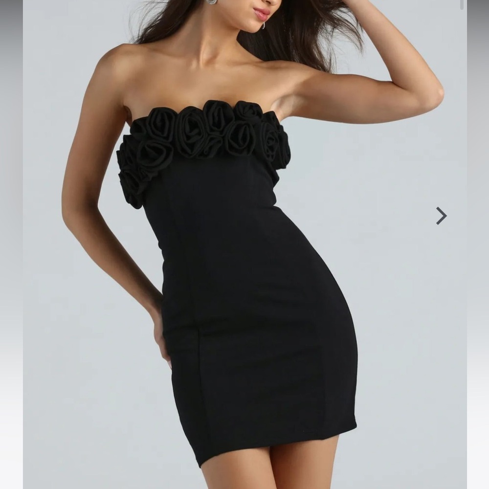 Windsor Black Strapless Mini Dress with Rosette Trim